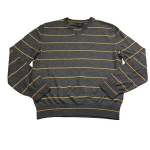 Banana Republic Mens Silk Cashmere V-Neck Striped Sweater Grey Yellow Small